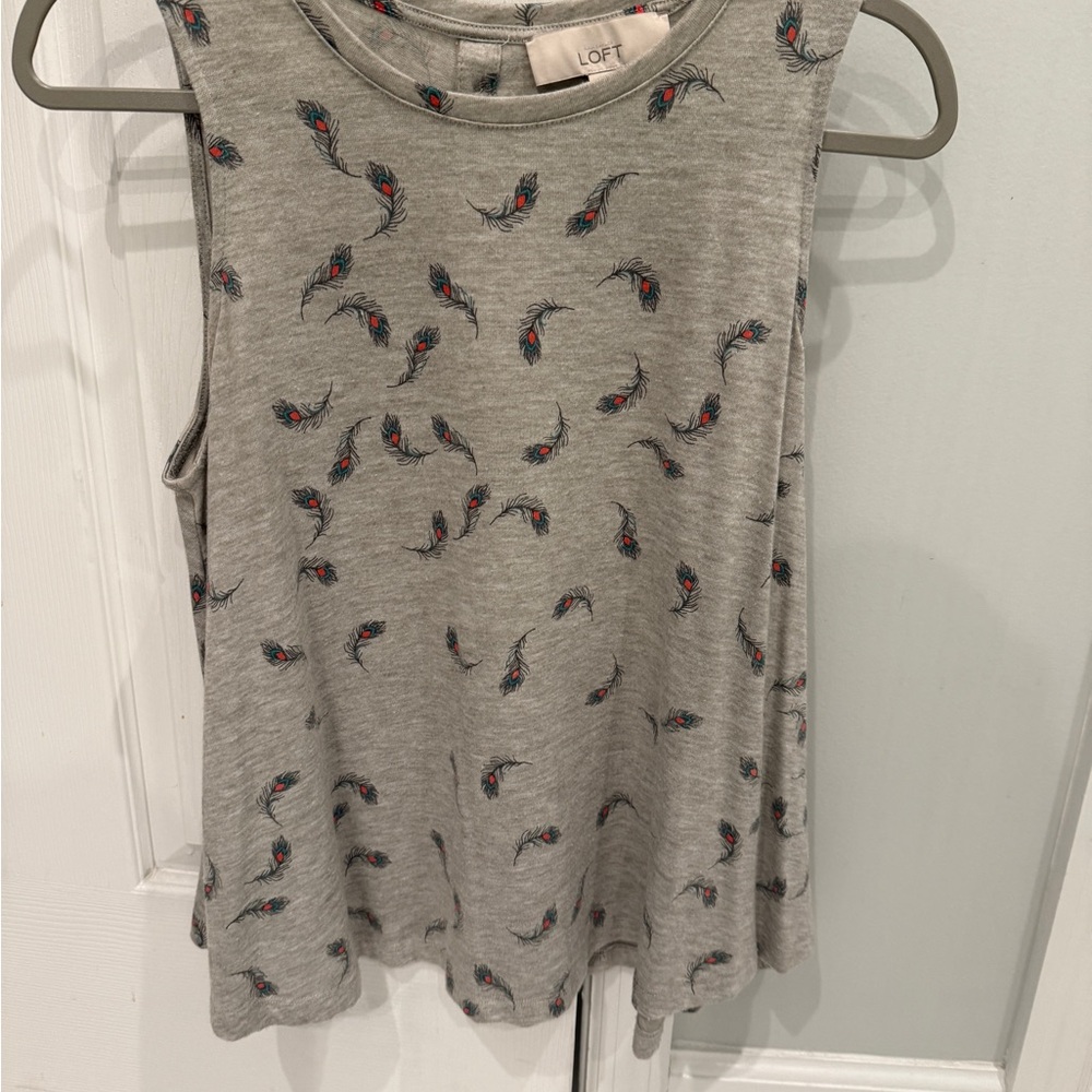 LOFT Gray Tank Top with Feather Design